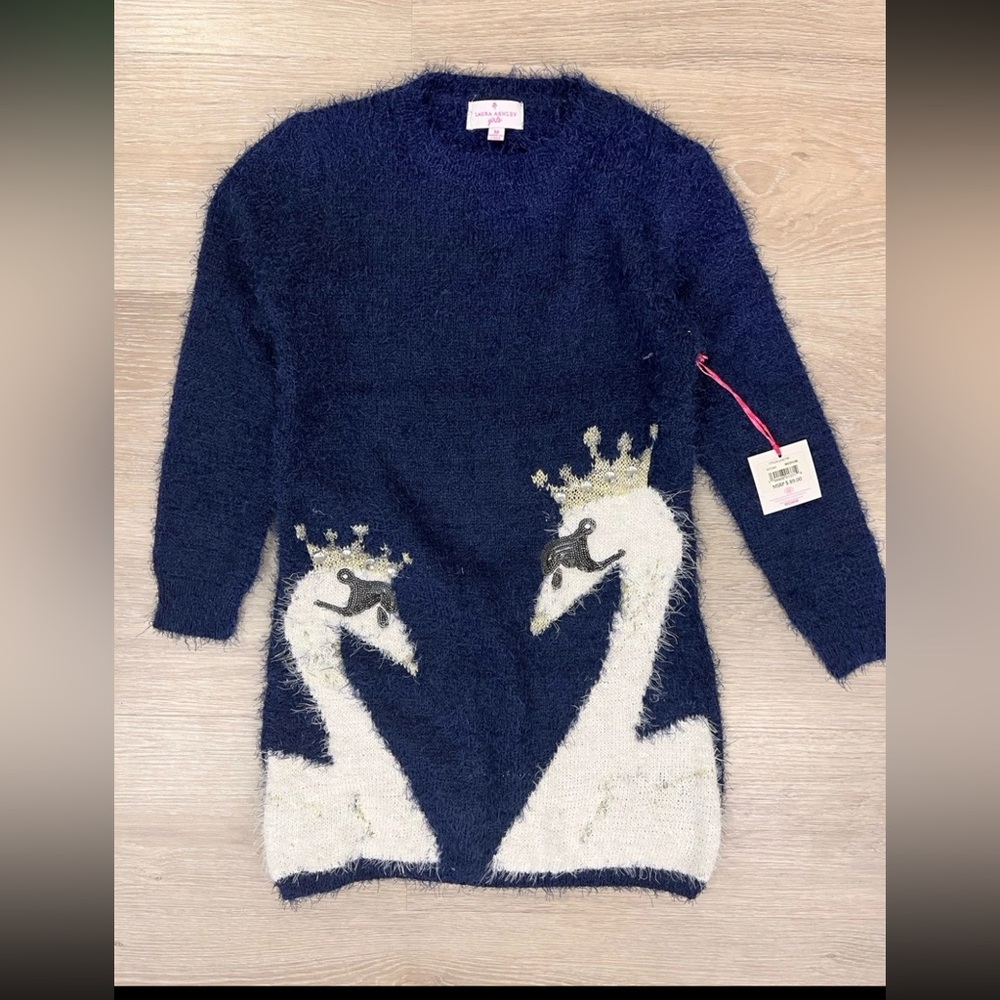 NWT Laura Ashley Girls - Swans with Crowns Faux Gems Navy Dress Size M